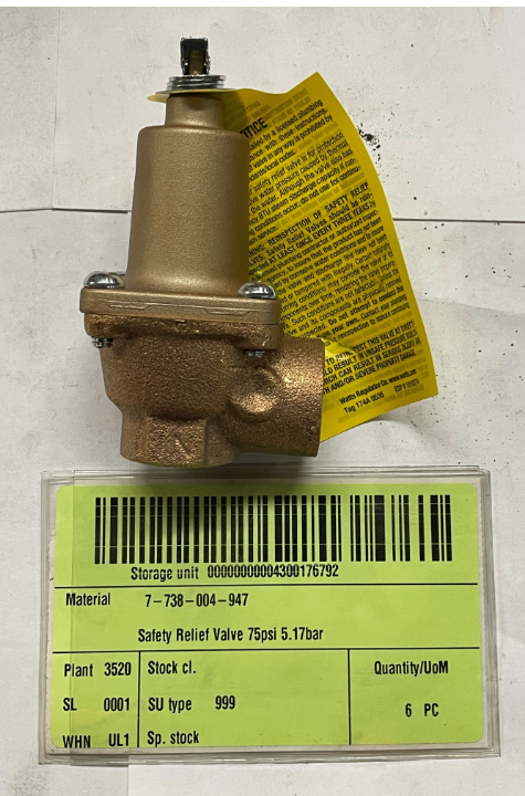 Safety Relief Valve 75psi 5.17bar