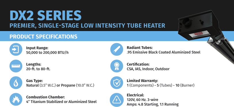 Brant DX2 Single Stage Low Intensity Infrared Tube Heater 20 Feet (75,000 BTUH) SS NG