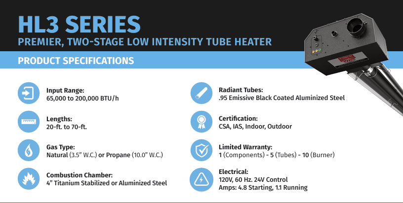 Brant HL3 Premier Two Stage Low Intensity Tube Heater 60 Feet (200,0000 BTUH) LP (T)