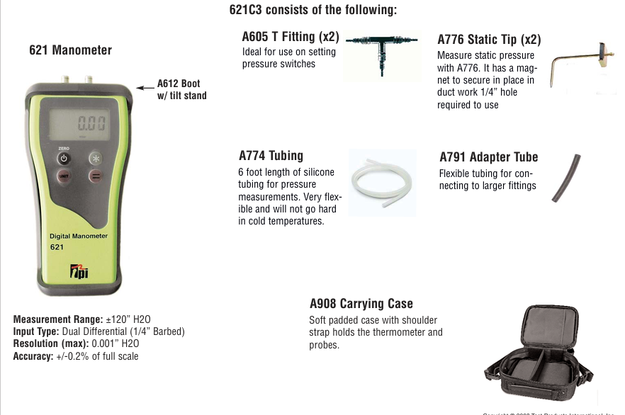 TPI 6213C Manometers Dual Input Manometer Kit