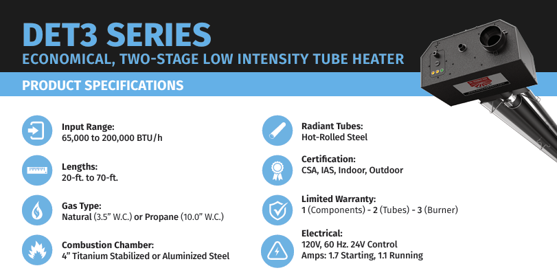 Brant DET3 Economical Two Stage Infrared Tube Heater 20 Feet (75,000 BTUH) NG
